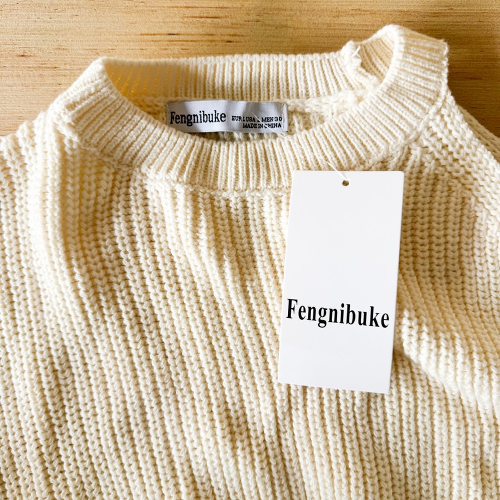 Fengnibuke Cream Chunky Knit Sweater | Balloon‎ Sleeve | Size L (Fits XS) - Picture 3 of 5